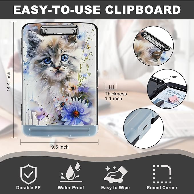 Clipboard with Storage,Storage Clipboard with Pen Holder,Heavy Duty Plastic Storage Clipboard with Low Profile Clip,Teacher Must Haves,Clipboard Folder,Office Supplies,Blue Cat and Flowers