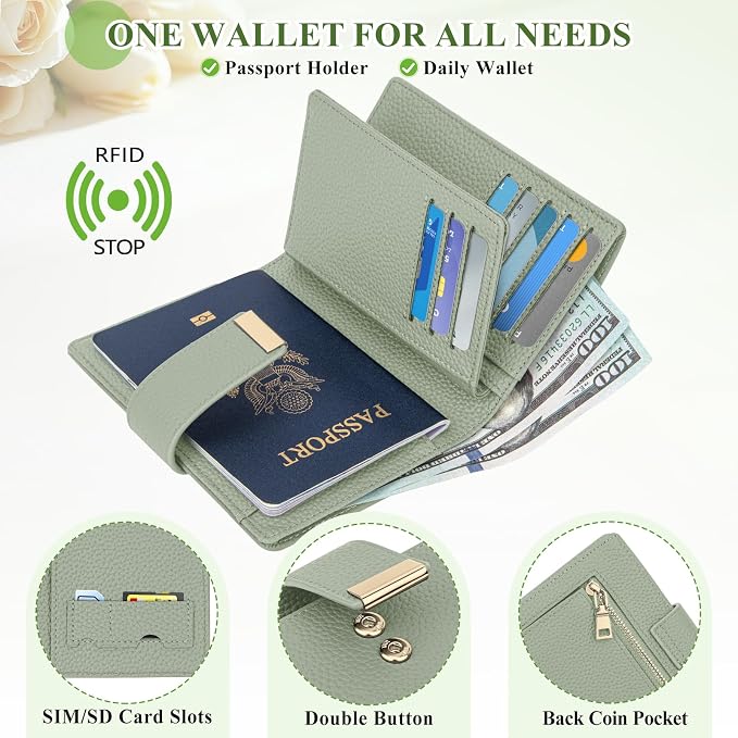 BKNOOU RFID Blocking Passport Holder with Airtag Slot- Leather Travel Passport Wallet for Women & Men, Slim Bifold Travel Passport Holder Holds Cards & Tickets & Cash (Green)