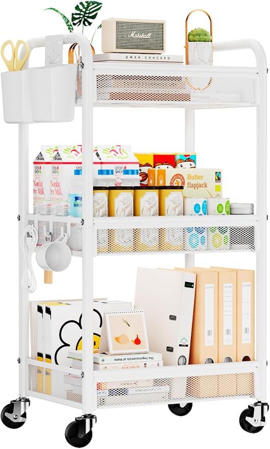 3 Tier Metal Rolling Cart, White Utility Storage Cart with Wheels | Metal Mesh Craft Cart With Hooks & Hanging Cups, Ideal For Kitchen, Bathroom, Office, Dorm, Art Workspace, Bedside Storage