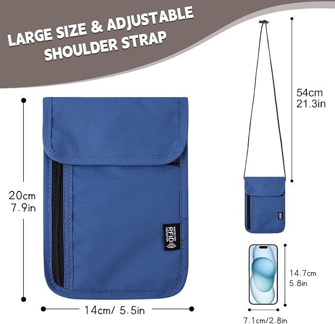 Likesing 5.5" L x 7.9" W Travel Neck Wallet, RFID Passport Holder (Blue) | RFID Blocking Passport Holder for Travel, Security Lightweight Passport Travel Wallet, Neck Pouch Gifts for Women Men