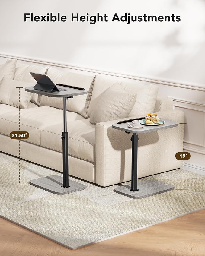 HUANUO TV Tray with Height Adjustment, 360° Swivel, 90° Tilt, Grey | 19"–31.5" Height Range, Dual Knobs & Crossbeam for Stability, Anti-slip Bar, Foldable, for Eating & Working Beside Sofa, Bed