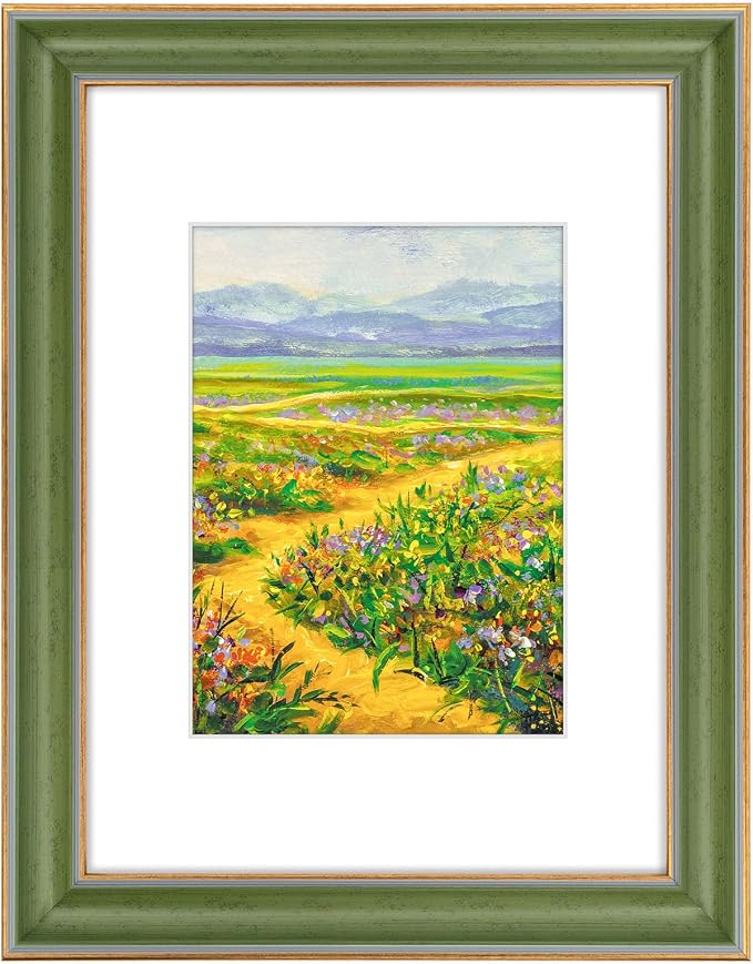 Golden State Art, 9x12 Photo Frame With Mat for Pictures 6x8 and Real Glass (Green With Gold Trim - White Color Mat, 1.25 Inch Frame Border)