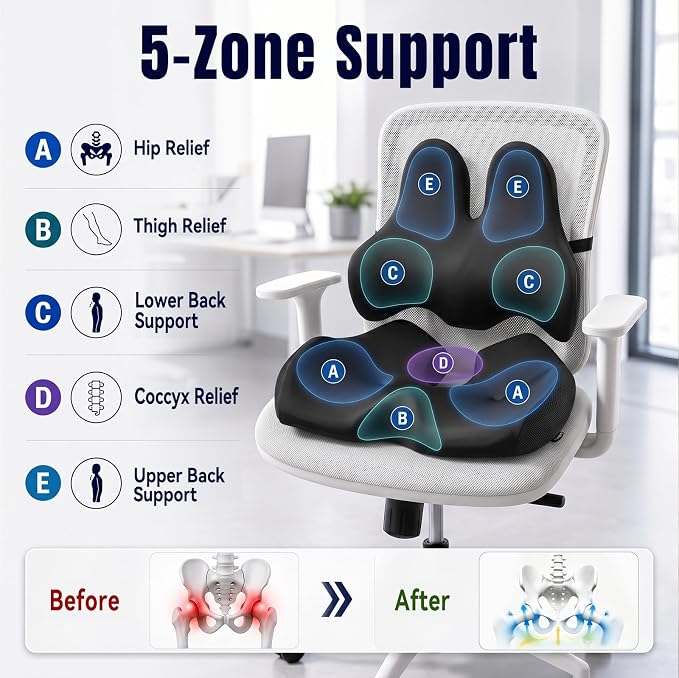 Oversized Seat Cushion with Lumbar Support for Long Sitting & Office Chairs | Designed for 150–300 Lbs with Ergonomic Support for Tailbone & Sciatica Relief in Car, Office, Home & Wheelchair