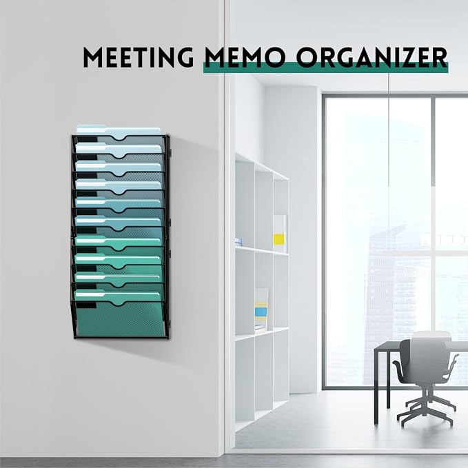 10-Tier Wall File Organizer, Hanging Wall Files for Papers, Folders, Magazines, Wall Organizer for Clipboard, Assembly Needed, Black, 2 Pack | Metal Mesh Hanging File Organizer with Open Compartments and Label Panels for Papers and Folders at Home, Off...