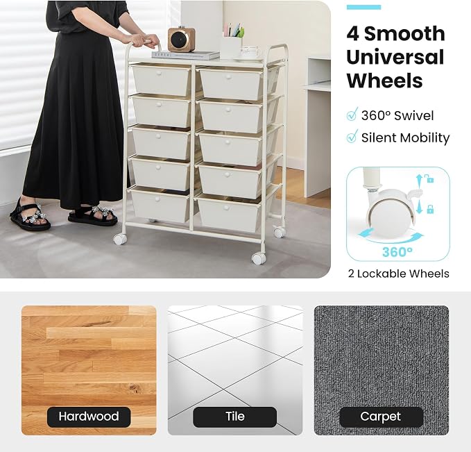 GLACER 10 Drawer Rolling Cart, Storage Cart with Lockable Whieels & Metal Frame, Trolley for Art Craft Oganizer, Mobile Utility Cart for Office, School, Classroom, Kitchen (Ivory Color)