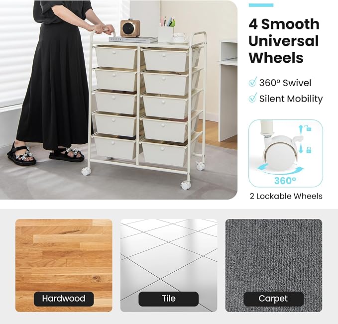 BECOMFORT 10-Drawer Rolling Cart with Drawers, Storage Cart on Wheels, Teacher Classroom Organizers with Metal Frame, Mobile Craft Cart, Trolley Utility Cart for School Office Play Room