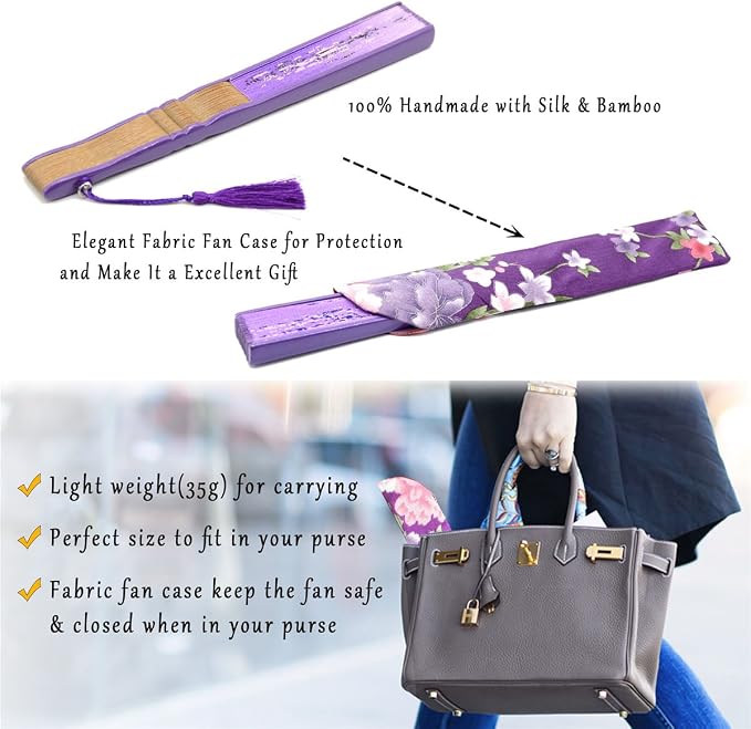 OMyTea® "Grassflowers 8.27"(21cm) Hand Held Folding Fans - With a Fabric Sleeve for Protection for Gifts - Chinese/Japanese Vintage Retro Style (Purple)