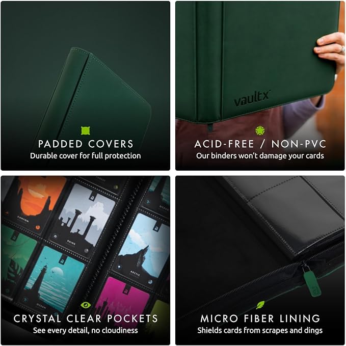 Vault X 9 Pocket Zip Binder, 360 Cards, Exo-Tec Material, 20 Side-Loading Pages (Green)