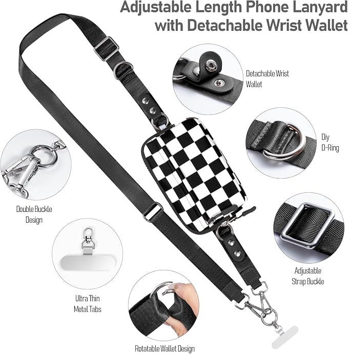 Tiostep Clip and Go Strap for Phone with Wallet Crossbody Phone Lanyard Adjustable and Detachable RFID Wristlet Wallet (Black White Checkered, Large)