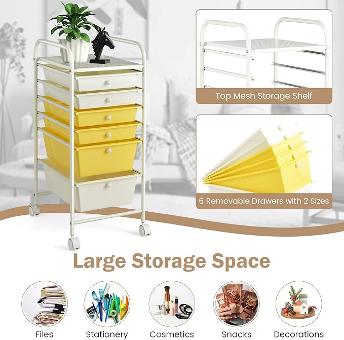 COSTWAY 6-Drawer Rolling Storage Cart, Art Craft Tools Organizer on Wheels | Multifunctional Heavy Duty Utility Mobile Storage Trolley w/ 2 Lockable Wheels for Home Office School (Yellow, Beige & Grey)
