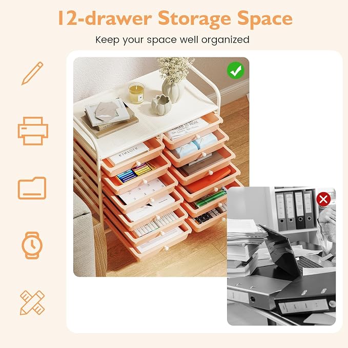 COSTWAY 12-Drawer Rolling Storage Cart, Utility Storage Organizer Cart | For Tools, Scrapbook, Paper, Craft, Multipurpose Art Supply Organizer on Wheels for Home Office School, Teacher, Peach