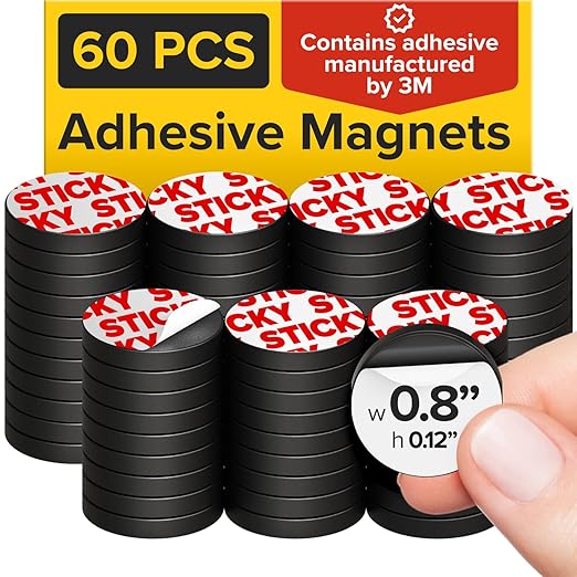 Sticky Flexible Adhesive Magnets for Crafts, 0.8"x0.12" (20x3mm), 60 pcs | Flexible Sticky Magnetic Dots for Office & School Supplies, Whiteboard, Crafts, Fridge, School Projects & Classroom Decor