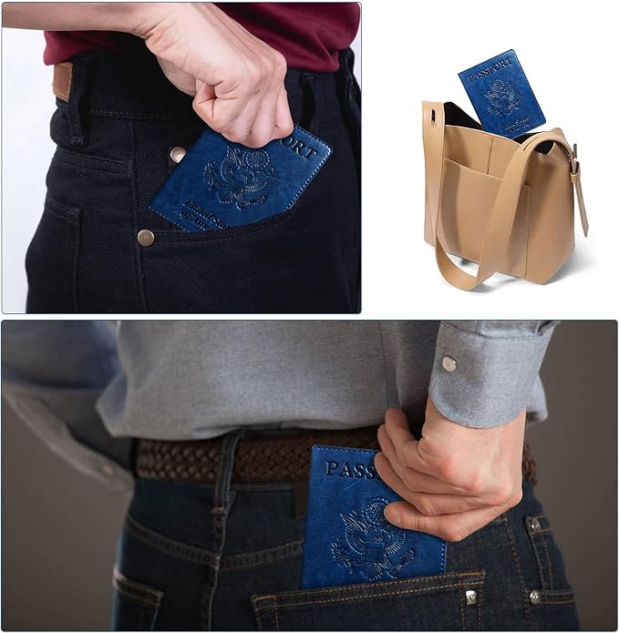 Passport Holder Cover Wallet Case RFID Blocking Leather Card Slot Travel Accessories Documents Organizer Protector for Women Men, Navy Blue