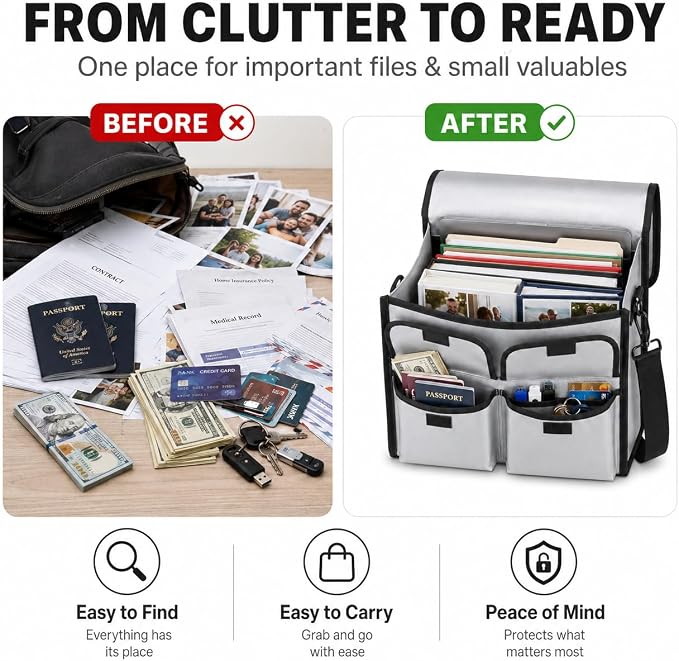 Fireproof Document Bag 17 x 11 in with File Organizer Box | UL94 VTM-0 Certified, Silicone-Coated Fiberglass, 2 Dividers, Grab-and-Go Emergency Storage, Important Document Case for Home