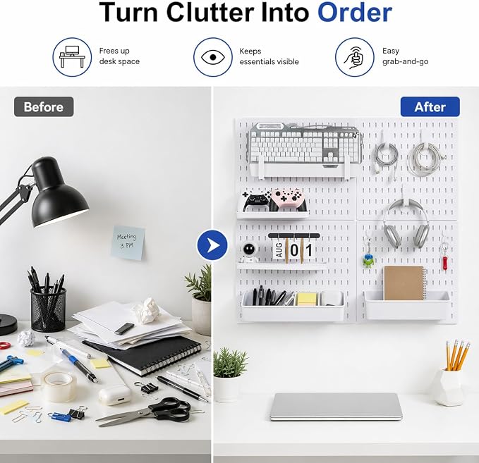 White Pegboard Wall Organizer Kit, Craft Room, 4 Panels Hooks & Shelves | Peg board accessories for sewing, desk and home office, ABS storage with bins, holds small parts, easy to clean, maker gift