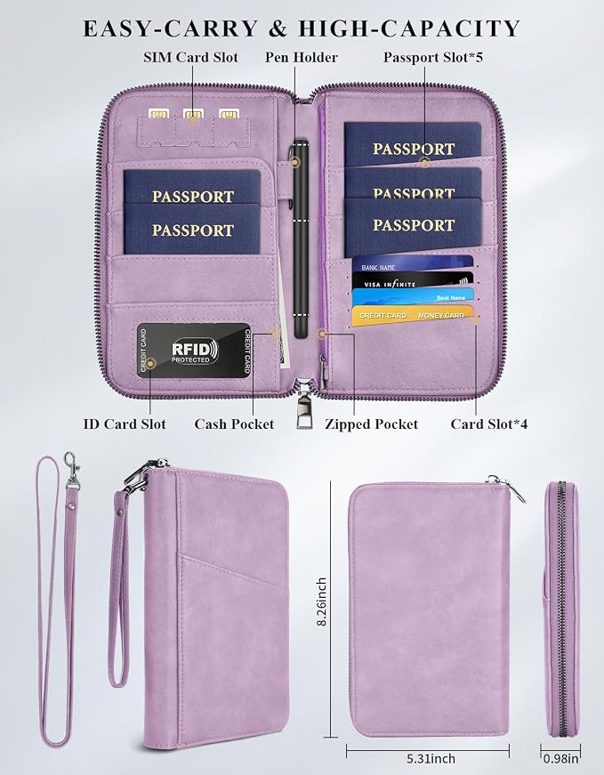 Family Passport Holder Wallet RFID Travel Document Organizer for Women Men, Portable Case Cover for Cards, Boarding Pass with Wrist & Neck Double Strap, Travel Gifts (Purple, 1pack)