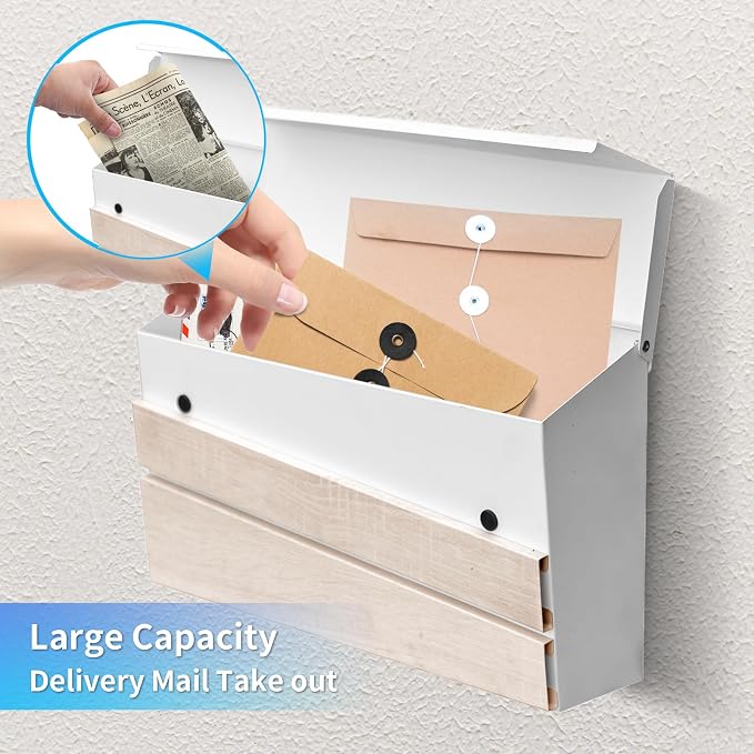 Wall-Mount Mailbox, White Walnut Wood Panel, Rust Resistant Large Capacity House Mailbox, Modern Drop Mailboxes for Outside, Metal Post Box (No Keys Locking)