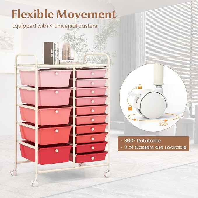 COSTWAY 15 Drawer Rolling Storage Cart, Mobile Storage Organizer | Removable Drawers & Metal Frame, Multipurpose Utility Tools Paper Organizer on Wheels for Home, Office (Mixed Pink)