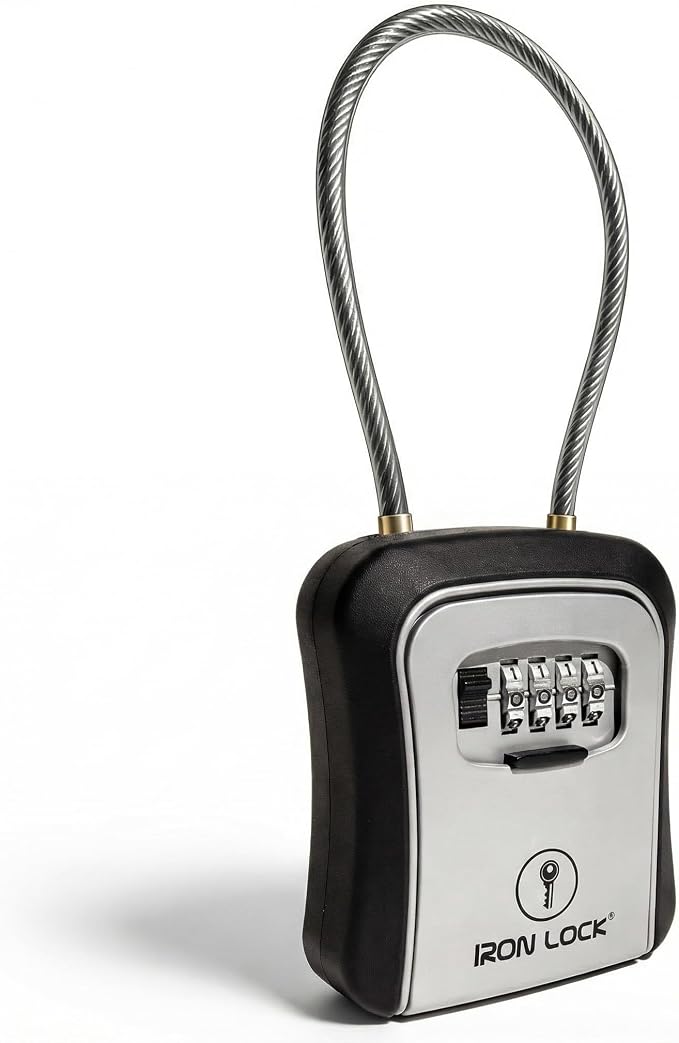 Iron Lock® Medium Key Lock Box with Code, 15-in Steel Cable Shackle (Grey) | Built-in key hooks + catch tray; hangs on handles, gates, fences or a hasp; wall-mountable; dial cover; no batteries