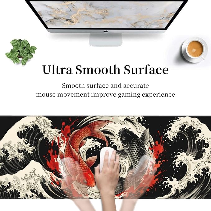 Japanese Koi Fish Wave Gaming Mouse Pad Large Extended Desk Mat Non-Slip Rubber Base Keyboard Pad with Stitched Edges for Office Gaming 31.5x11.8 in