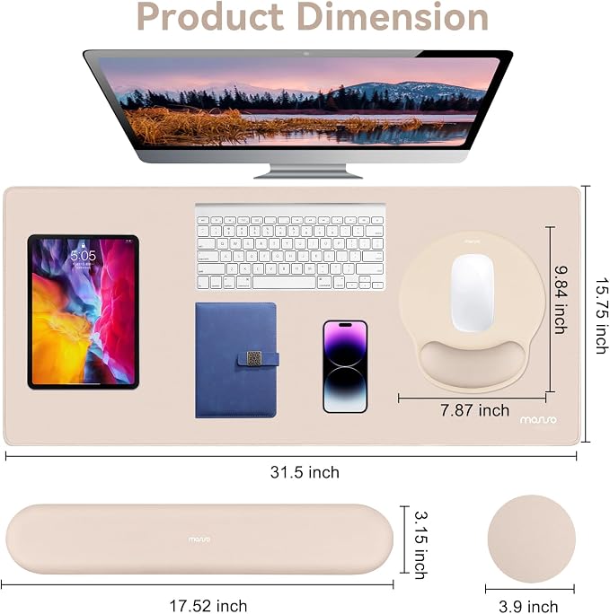MOSISO Wrist Rest for Mouse Pad Set, Large Gaming Deskpad, Apricot | Circle Curved Mousepad&Keyboard Wrist Rest&Coaster, Ergonomic Non-Slip Mousepad&Easy Typing Pad with Silicone Lining