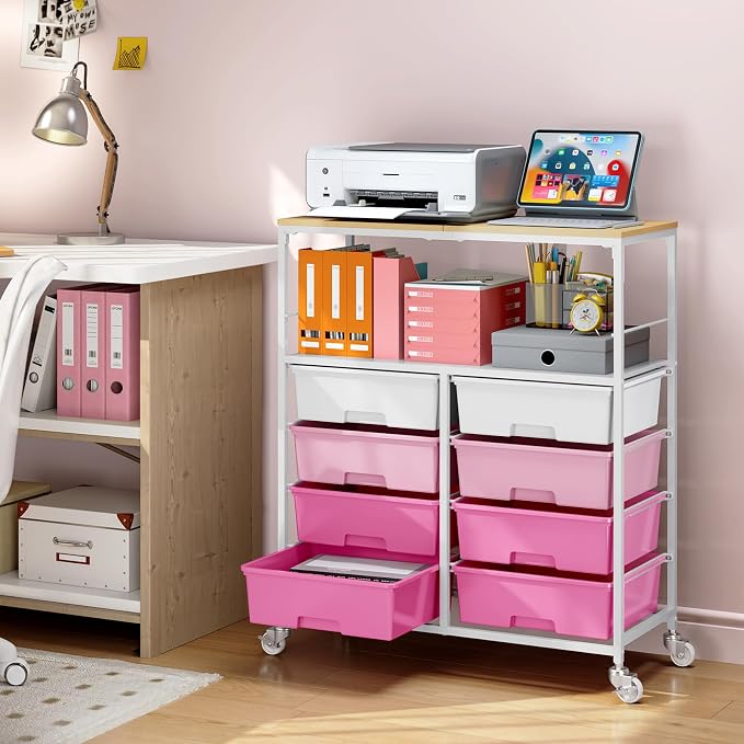 Rolling Storage Cart with 8 Large Drawers, Wooden Tabletop | Open Storage Shelves, Mobile Craft Organizer with Lockable Wheels for Home, Classroom, Office Supplies & Art Studio,Pink