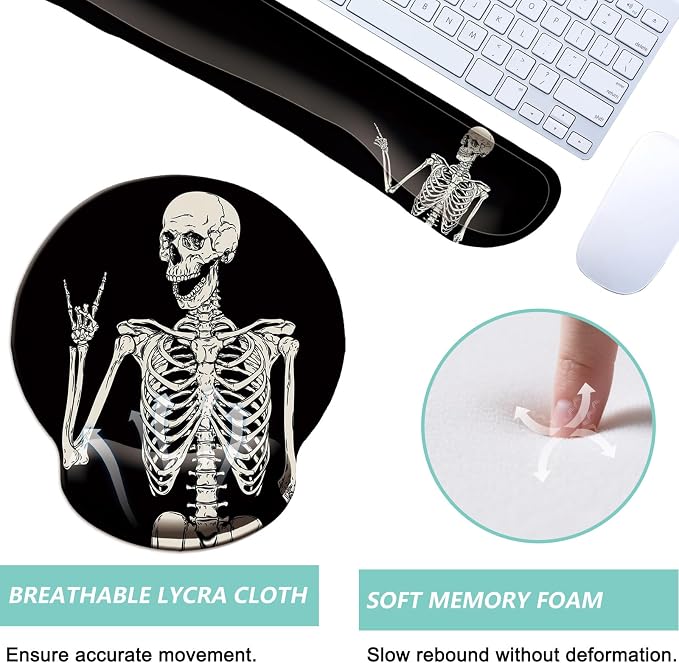 Keyboard Wrist Rest Pad Mouse Pad with Wrist Support Set of 3, Mousepad with Non-Slip Rubber Base, Ergonomic Memory Foam Mouse Wrist Cushion Support for Home Office Laptop Computer, Human Skeleton
