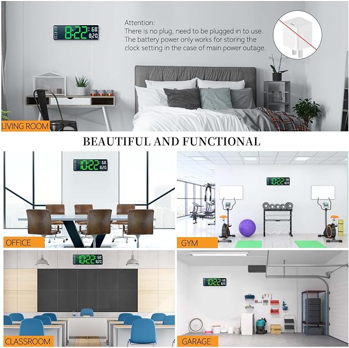 Digital Clock, Digital Wall Clock for Living Room Decor, Desk Alarm Clock for Bedroom, Large Wall Clock with Remote Control, Automatic Brightness Dimmer LED Clock with Date Temperature Week (Green-W)