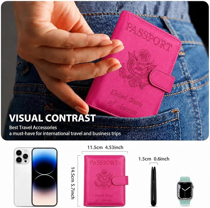 Passport Holder with Air-Tag Slot RFID Blocking Leather Travel Wallet | Multiple Card Compartments, SIM Card Access, Compact Carry Design, Flight Ready Essentials for Men & Women, Fuchsia