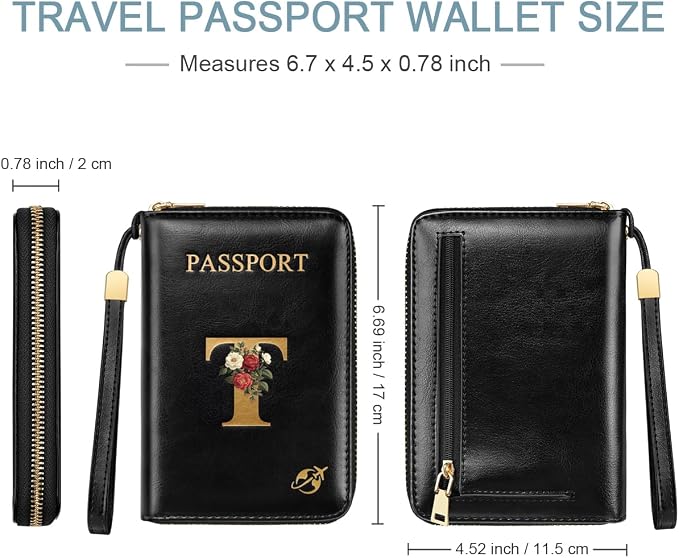 Passport Holder for Travel Personalized Wallet with Wristlet Women | Passport Cover, RFID Blocking, Passport Book Holders, Back Coin Pocket, Zipper Closure, Roses Initial Letter, Black T