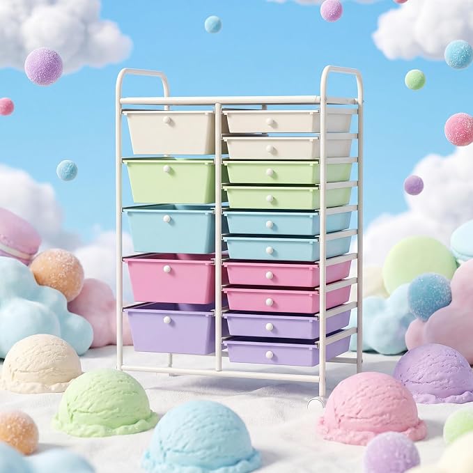COSTWAY 15 Drawer Rolling Storage Cart, Mobile Storage Organizer | Removable Drawers & Metal Frame, Multipurpose Utility Tools Paper Organizer on Wheels for Home, Office (Ice Cream Colorful)