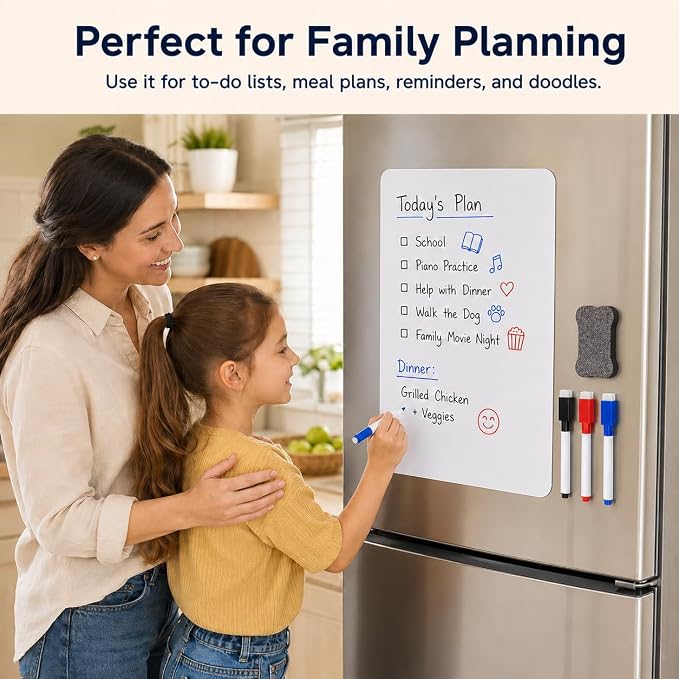 Magnetic Dry Erase Whiteboard 8"x12" for Fridge | Dry erase white board for fridge set with markers, eraser & magnets. Magnetic sheet sticks to fridge whiteboard