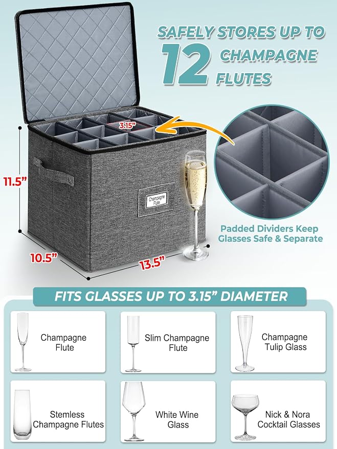 Cirhy Champagne Glass Storage Box, Hard-Shell Protection with Dividers, Stackable Glassware Organizer for Moving & Storage, Fits Flutes, Stemware & Wine Glasses, 2 Pack, Grey