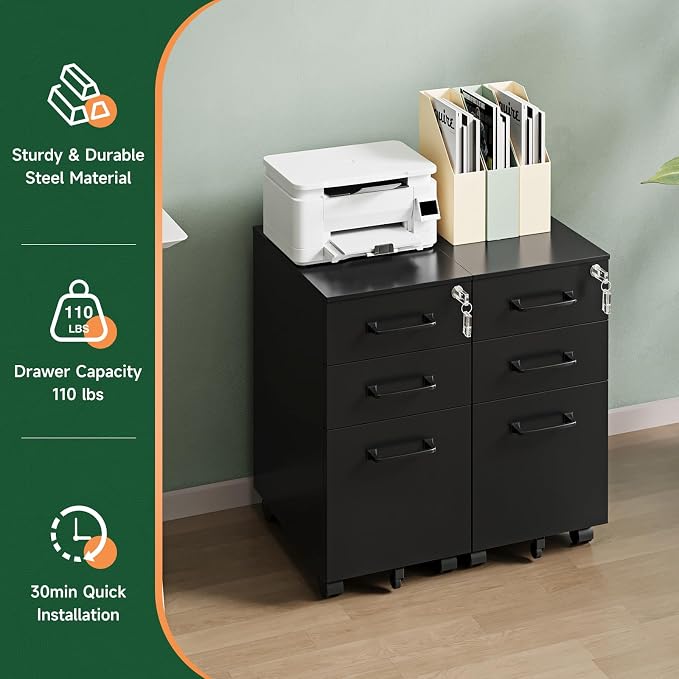 3 Drawer Mobile File Cabinet with Lock,Under Desk Metal Filing Cabinets for Home Office Organizer,Small Rolling Printer Stand with Wheels,for Letters/Legal/A4(Assembly Required) (Black)