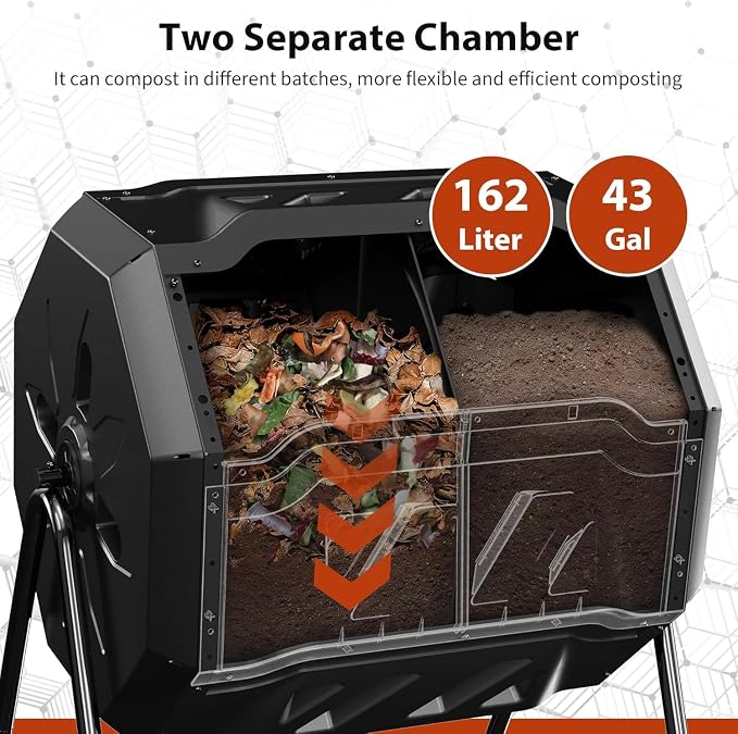 Compost Bin, 43-Gal Dual Chamber Composter Tumbler, Black Orange | Steel Frame with 2 Sliding Door and Aeration System, 360° Rotating, Tumbling Composting Bin for Kitchen, Garden, Yard