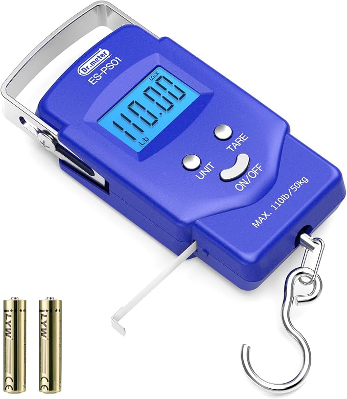 Dr.meter Fish Scale, 110 lb Digital Luggage Scale with Tape | 110 lb Capacity, Backlit LCD, Built-In Tape, Includes 2 AAA Batteries, Compact Pocket Size