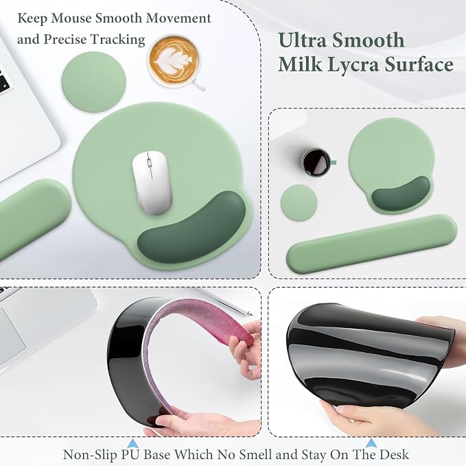 3 in 1 Ergonomic Mouse Pad and Keyboard Wrist Rest with Coaster Set-Green | Cute Large Mousepad with Gel Wrist Support for Gaming Computer Laptop Women Office Home Desk Decor