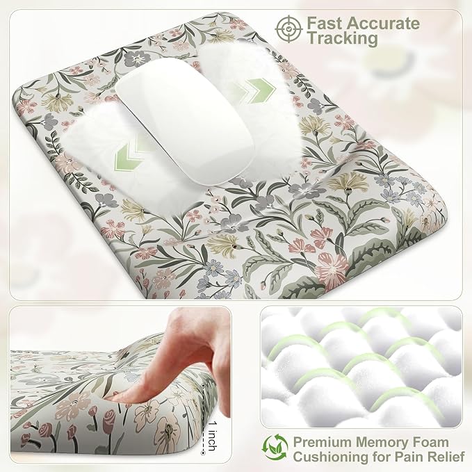 iCasso Mouse Pad with Wrist Rest,Ergonomic Large Desk Mat Set, Gray | Keyboard Pad with Wrist Support, Non-Slip Mouse Mat for Women, Cute Floral Computer Mat for Home Office Gaming