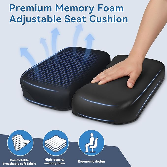 Adjustable Seat Cushion, Memory Foam Office Chair Cushion, Car Seat Cushion, Foldable Travel Cushion for Tailbone Pain, Sciatica Pain Relief, Lifting Cushion for Sitting, Driving, Traveling(Medium)