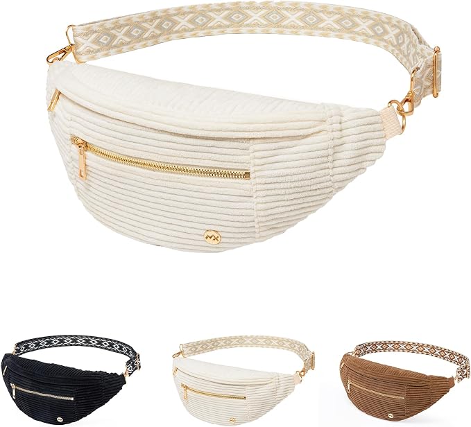 Beige Corduroy Crossbody Bag Women Vintage Boho Fanny Pack with Gold Zipper | Geometric Wide Strap,Versatile,4-Zipper Pockets,Ideal for for Travel Casual Outdoors Shopping Daily Vacation