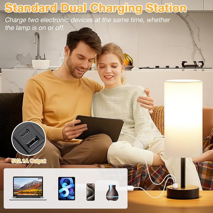 Dicoool Bedside Table Lamp for Bedroom - 3-Way Dimmable Touch Lamp, USB A+C | LED Bulb Included, 14" Small Nightstand Lamp for Desk, Living Room, Guest Room, White Fabric Lampshade, Black Metal Base