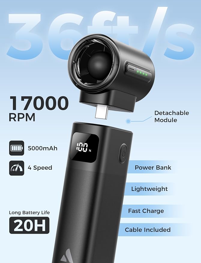 Aecooly Portable Fan with Power Bank, 36ft/s Poweful Handheld Fan | 5000mAh Battery [20H Max Cooling], 4 Speeds Mini Detachable Modular, Small Personal for Summer, Travel, Gifts for Women-Black