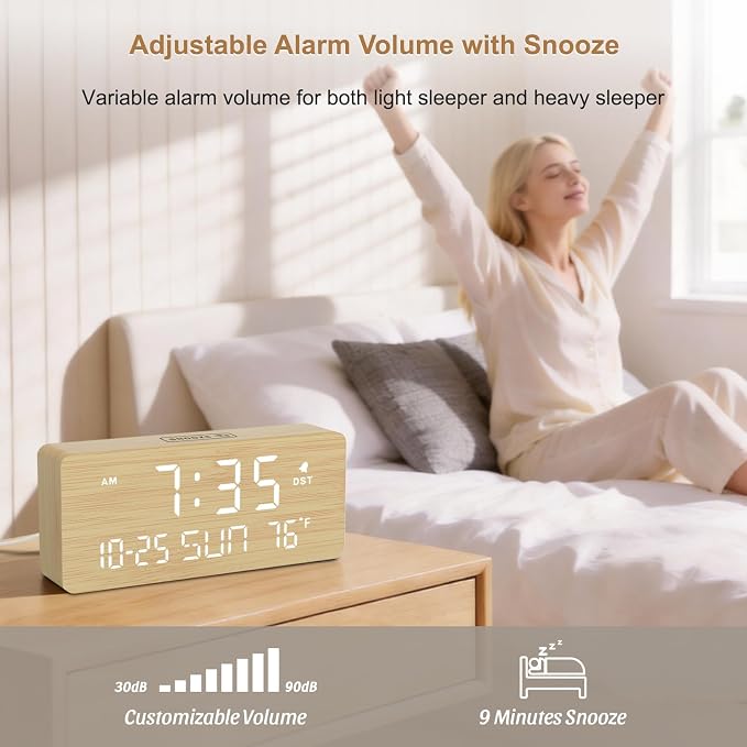 DreamSky Wooden Digital Alarm Clocks for Bedrooms with Date & Day of Week | Living Room Desk Clock, Temperature, USB Port, Dimmer Wheel, Adjustable Volume, Auto DST, Office Wood Decor (Plug-in)