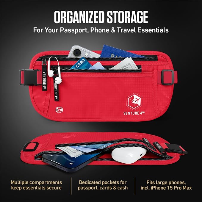VENTURE 4TH Travel Money Belt, RFID Blocking Passport Holder - Red