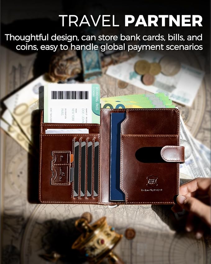 Passport Holder for Travel: Full Grain Leather Passport Cover with Airtag Holder Magnetic Buckle for Men - RFID Blocking Bifold Wallet for Air Ticket Card Cash Coin (Brown)