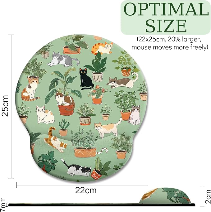 LIMKRIAN Cat Ergonomic Mouse Pad with Wrist Rest, Green Computer Mouse Pad | Non-Slip PU Base, Smooth Surface, Cooling Gel Eases Wrist Pain, Comfort Wrist Support, Cute Office Desk Accessories Decor