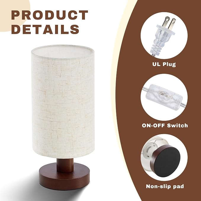 Bedside Lamps Set of 2, Bamboo Small Table Lamp for Nightstand | 10'' Minimalist Nightstand Lamps for Bedroom, Modern Desk Lamp for Living Room, E26, Walunt, Linen Shade