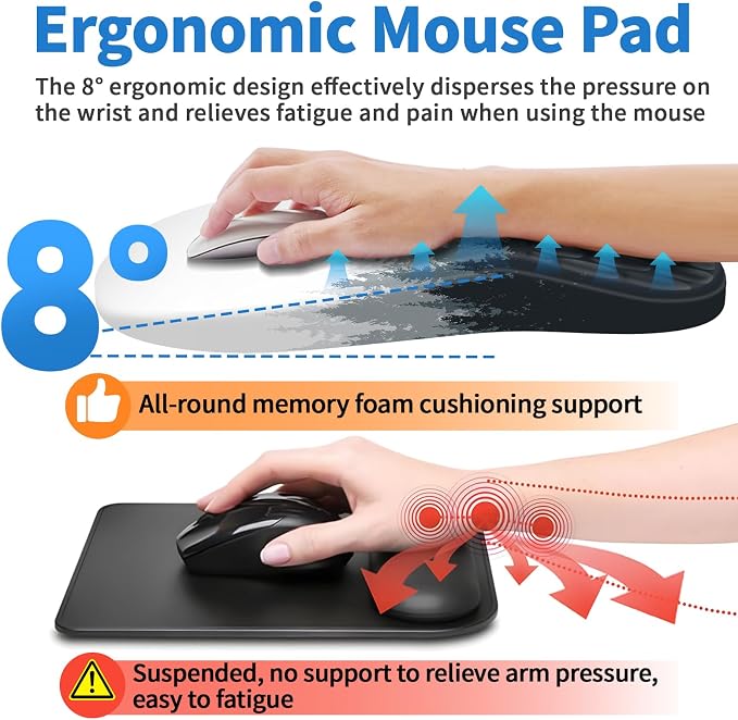 YIWEI Ergonomic Mouse Pad with Wrist Rest for Carpal Tunnel Pain Relief | Memory Foam Wrist Support,Non-Slip Rubber Base, Keyboard Computer Mousepad,Lycra Cloth Surface,Gaming Home Office