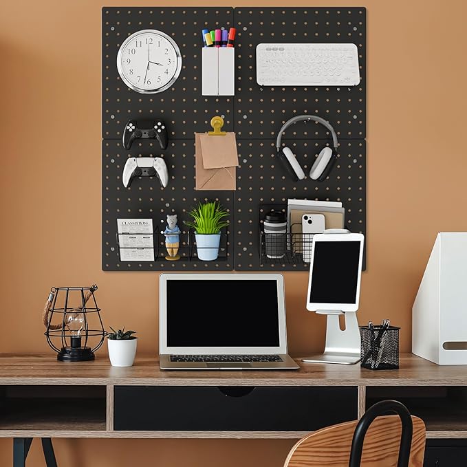 FZK Plastic Pegboard Wall Organizer Kit, 12x12, 4 Pack, Black | Durable ABS material, compatible with 1/4"and 1/8" pegboad accessories, includes adhesive or drill installation accessories