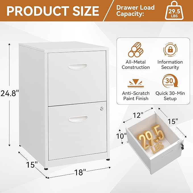 Polup 2 Drawer File Cabinet with Lock, Metal Filing Cabinet for Home Office | Small Locking Cabinet for Under Desk Storage, Printer Stand, Fits Letter Size, White, 26"H x 15"W x 18"D, Easy Assembly